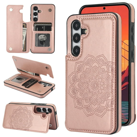 Dteck Embossed Flower Pattern Wallet Case for Samsung Galaxy S24 Magnetic Leather Card Slots Women Girl Case Shockproof Kickstand Flip Cover for Galaxy S24,Rosegold