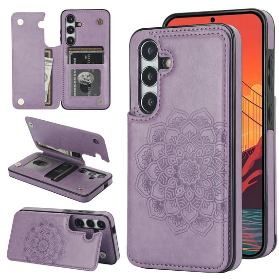 Dteck Embossed Flower Pattern Wallet Case for Samsung Galaxy S24 Magnetic Leather Card Slots Women Girl Case Shockproof Kickstand Flip Cover for Galaxy S24,Purple