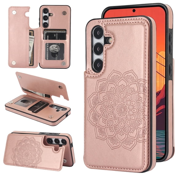Dteck Embossed Flower Pattern Wallet Case for Samsung Galaxy S24 Plus Magnetic Leather Card Slots Women Girl Case Shockproof Kickstand Flip Cover for Galaxy S24+,Rosegold