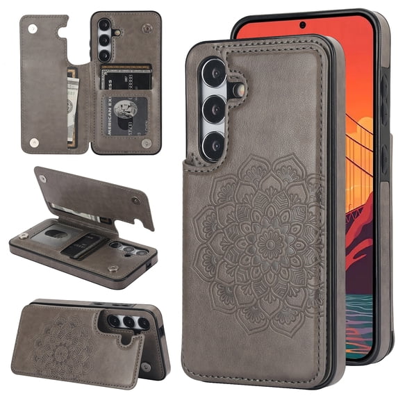 Dteck Embossed Flower Pattern Wallet Case for Samsung Galaxy S24 Plus Magnetic Leather Card Slots Women Girl Case Shockproof Kickstand Flip Cover for Galaxy S24+,Gray