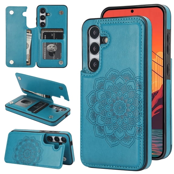 Dteck Embossed Flower Pattern Wallet Case for Samsung Galaxy S24 Plus Magnetic Leather Card Slots Women Girl Case Shockproof Kickstand Flip Cover for Galaxy S24+,Blue