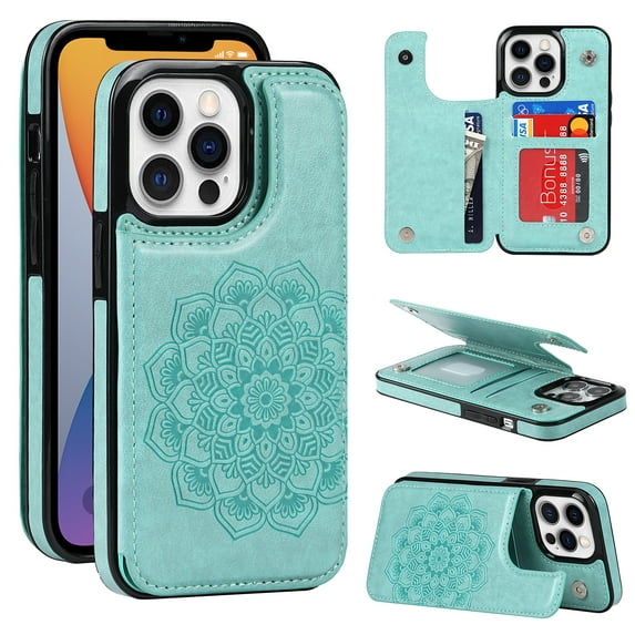 Dteck Embossed Flower Pattern Wallet Case for iPhone 13 Pro,Magnetic Leather Card Slots Women Girl Case Shockproof Kickstand Flip Cover for iPhone 13 Pro,Green
