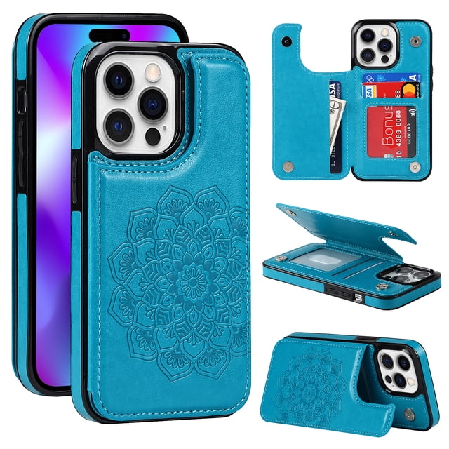 Dteck Embossed Flower Pattern Wallet Case for iPhone 13 Pro Max,Magnetic Leather Card Slots Women Girl Case Shockproof Kickstand Flip Cover for iPhone 13 Pro Max,Blue
