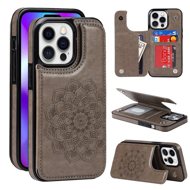 Dteck Embossed Flower Pattern Wallet Case for iPhone 13 Pro Max,Magnetic Leather Card Slots Women Girl Case Shockproof Kickstand Flip Cover for iPhone 13 Pro Max,Gray
