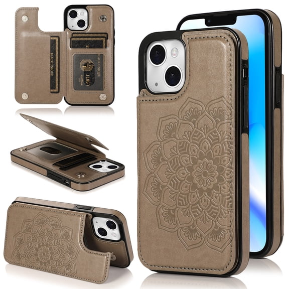 Dteck Embossed Flower Pattern Wallet Case for iPhone 14,Magnetic Leather Card Slots Women Girl Case Shockproof Kickstand Flip Cover for iPhone 14,Gray