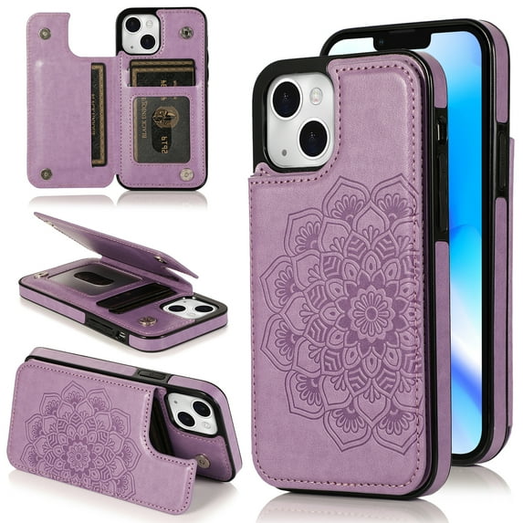 Dteck Embossed Flower Pattern Wallet Case for iPhone 14,Magnetic Leather Card Slots Women Girl Case Shockproof Kickstand Flip Cover for iPhone 14,Purple