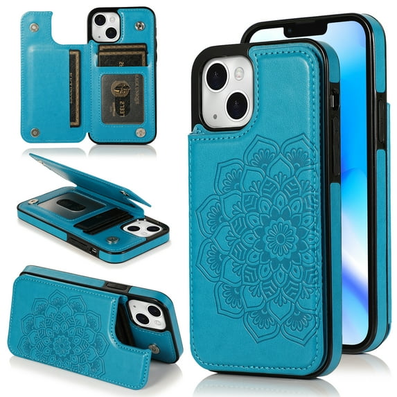 Dteck Embossed Flower Pattern Wallet Case for iPhone 15,Magnetic Leather Card Slots Women Girl Case Shockproof Kickstand Flip Cover for iPhone 15,Blue