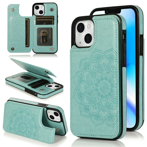 Dteck Embossed Flower Pattern Wallet Case for iPhone 15,Magnetic Leather Card Slots Women Girl Case Shockproof Kickstand Flip Cover for iPhone 15,Green