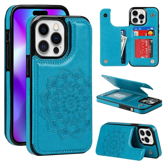 Dteck Embossed Flower Pattern Wallet Case for iPhone 15 Pro,Magnetic Leather Card Slots Women Girl Case Shockproof Kickstand Flip Cover for iPhone 15 Pro,Blue
