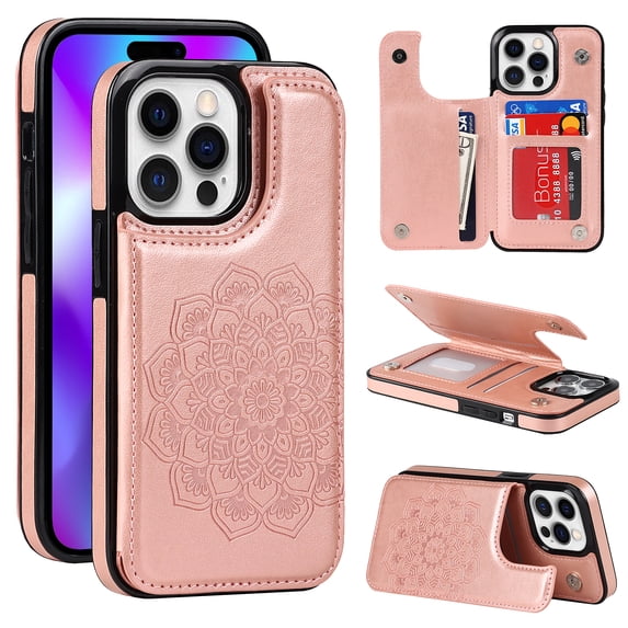 Dteck Embossed Flower Pattern Wallet Case for iPhone 15 Pro Max,Magnetic Leather Card Slots Women Girl Case Shockproof Kickstand Flip Cover for iPhone 15 Pro Max,Rosegold