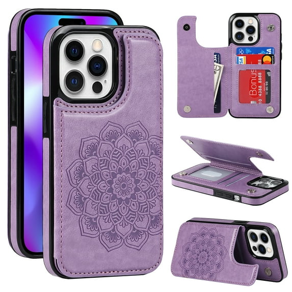 Dteck Embossed Flower Pattern Wallet Case for iPhone 16 Pro,Magnetic Leather Card Slots Women Girl Case Shockproof Kickstand Flip Cover for iPhone 16 Pro,Purple