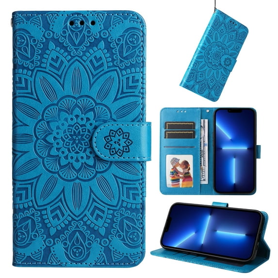 Dteck Fit for Apple iPhone 14 Plus Wallet Case with Wrist Strap,Stylish Flower Embossed Pattern PU Leather Magnetic Clasp Flip Stand Card Slots Purse Phone Case for Women Girls,Blue