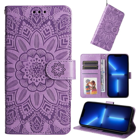 Dteck Fit for Apple iPhone 14 Plus Wallet Case with Wrist Strap,Stylish Flower Embossed Pattern PU Leather Magnetic Clasp Flip Stand Card Slots Purse Phone Case for Women Girls,Purple