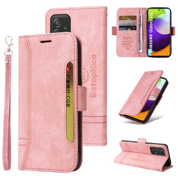 Dteck Fit for Samsung Galaxy A52 4G/5G Wallet Phone Case with Wrist Strap,Shockproof Premium PU Leather Magnetic Clasp ID Credit Card Holder Slots Flip Stand Protective Phone Cover,Pink