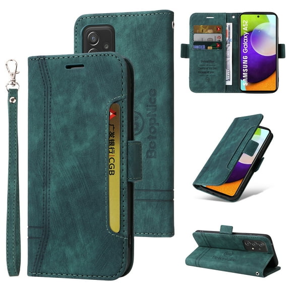 Dteck Fit for Samsung Galaxy A52 4G/5G Wallet Phone Case with Wrist Strap,Shockproof Premium PU Leather Magnetic Clasp ID Credit Card Holder Slots Flip Stand Protective Phone Cover,Green