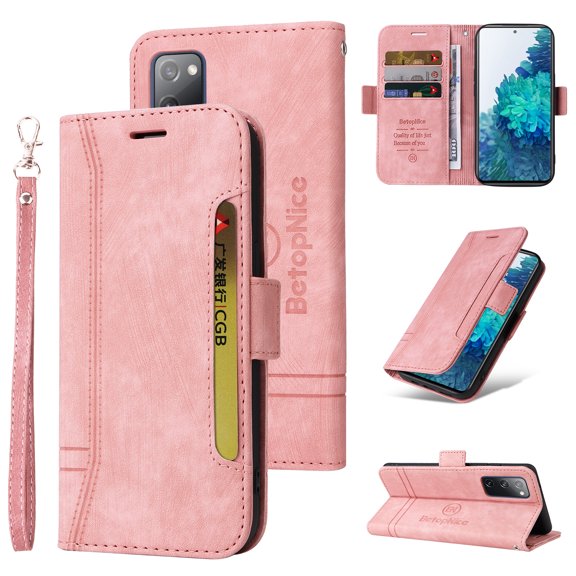 Dteck Fit for Samsung Galaxy S20 FE/Lite Wallet Phone Case with Wrist Strap,Shockproof Premium PU Leather Magnetic Clasp ID Credit Card Holder Slots Flip Stand Protective Phone Cover,Pink