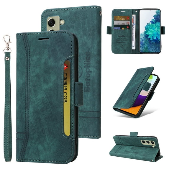 Dteck Fit for Samsung Galaxy S21 FE (6.4 inch ) Wallet Phone Case with Wrist Strap,Shockproof Premium PU Leather Magnetic Clasp ID Credit Card Holder Slots Flip Stand Protective Phone Cover,Green