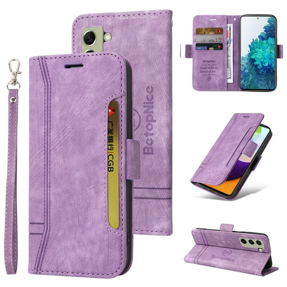 Dteck Fit for Samsung Galaxy S21 FE (6.4 inch ) Wallet Phone Case with Wrist Strap,Shockproof Premium PU Leather Magnetic Clasp ID Credit Card Holder Slots Flip Stand Protective Phone Cover,Purple