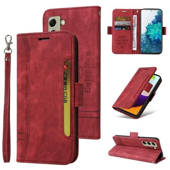 Dteck Fit for Samsung Galaxy S21 FE (6.4 inch ) Wallet Phone Case with Wrist Strap,Shockproof Premium PU Leather Magnetic Clasp ID Credit Card Holder Slots Flip Stand Protective Phone Cover,Red