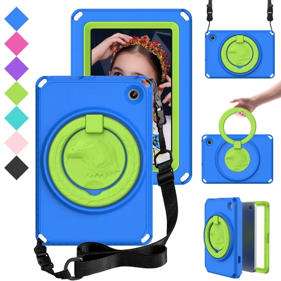 Dteck Fits for Kindle Fire 7 Tablet (12th Generation, 2022 Release), Full-Body Drop-Proof with Screen Protector 360 Rotate Stand Crossbody Shoulder Strap Case Cover, Blue