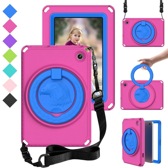 Dteck Fits for Kindle Fire 7 Tablet (12th Generation, 2022 Release), Full-Body Drop-Proof with Screen Protector 360 Rotate Stand Crossbody Shoulder Strap Case Cover, Rose