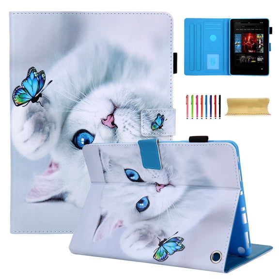 Dteck Flip Case for All-New Kindle Fire HD 10 2021/Fire HD 10 Plus 2021 (11th Generation), Premium PU Leather Multi-Angle Folio Cover with Card Holder Auto Wake Sleep,09# White Cat