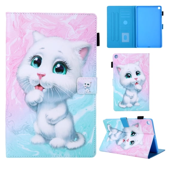 Dteck Flip Case For Samsung Galaxy Tab A 10.1 inch 2019 Tablet SM-T510/T515, PU Leather Folio Stand Cover Built-in Card Slots/Stylus Holder Wallet Case, White Cat