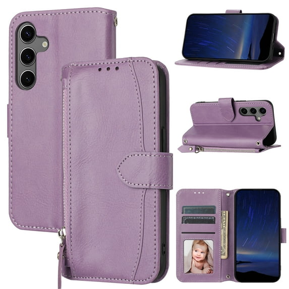 Dteck Flip Case for Samsung Galaxy S25, Shockproof PU Leather Wallet Pocket Card Holder Magnetic Closure Anti Scratch Kickstand Cover with Crossbody Shoulder Strap, Purple