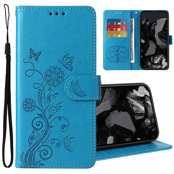 Dteck Flip Case for iPhone 17 Pro, Embossed PU Leather Magnetic Closure Wallet Case with Card Holder Wrist Strap Kickstand Shockproof Cover,Blue