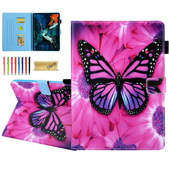 Dteck Flip Case for iPad 9th Gen/iPad 8th Gen/iPad 7th Gen/iPad Air 3, Folio Case Auto Wake Sleep Smart Cover with Card Slots/Stylus Holder, Multi-angle Standing, 13# Pink Butterfly