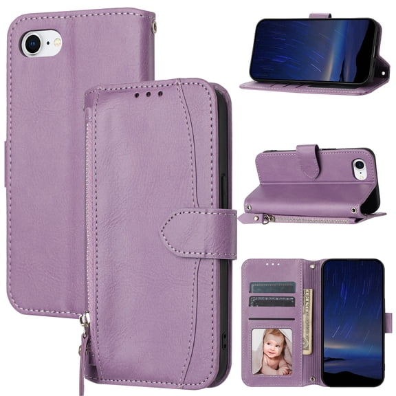 Dteck Flip Case for iPhone 16e, Shockproof PU Leather Wallet Pocket Card Holder Magnetic Closure Anti Scratch Kickstand Cover with Crossbody Shoulder Strap, Purple