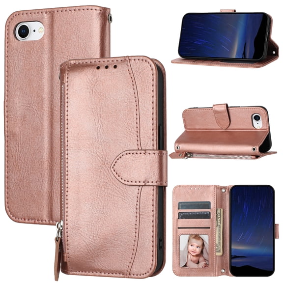 Dteck Flip Case for iPhone 16e, Shockproof PU Leather Wallet Pocket Card Holder Magnetic Closure Anti Scratch Kickstand Cover with Crossbody Shoulder Strap, Rosegold