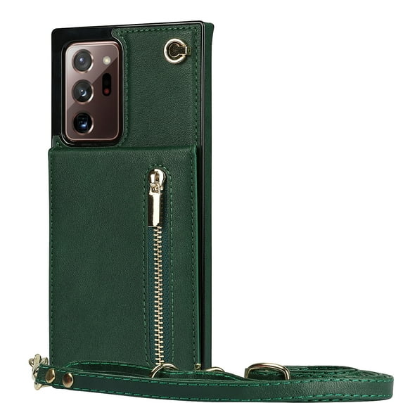 Dteck Flip Leather Wallet Case for Samsung Galaxy Note20,Crossbody Wallet Case with Credit Card Holder Zipper Pocket Lanyard Shoulder Strap,for Women Men Kickstand Phone Cover for Samsung Note20,Green