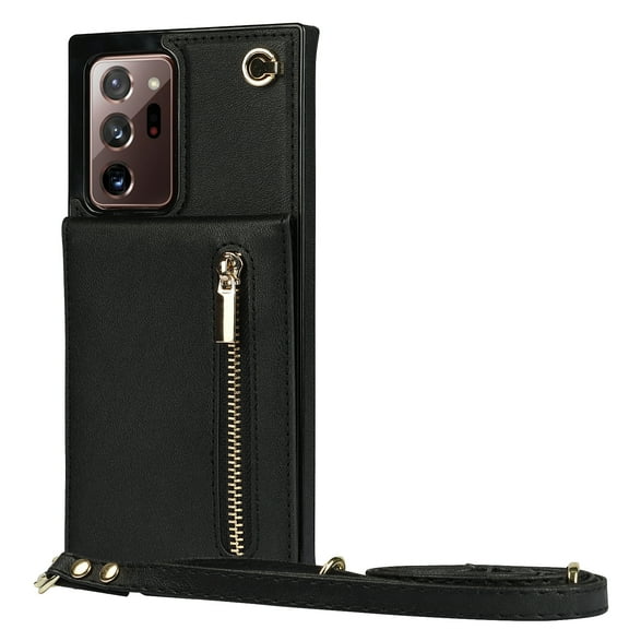 Dteck Flip Leather Wallet Case for Samsung Galaxy Note20,Crossbody Wallet Case with Credit Card Holder Zipper Pocket Lanyard Shoulder Strap,for Women Men Kickstand Phone Cover for Samsung Note20,Black