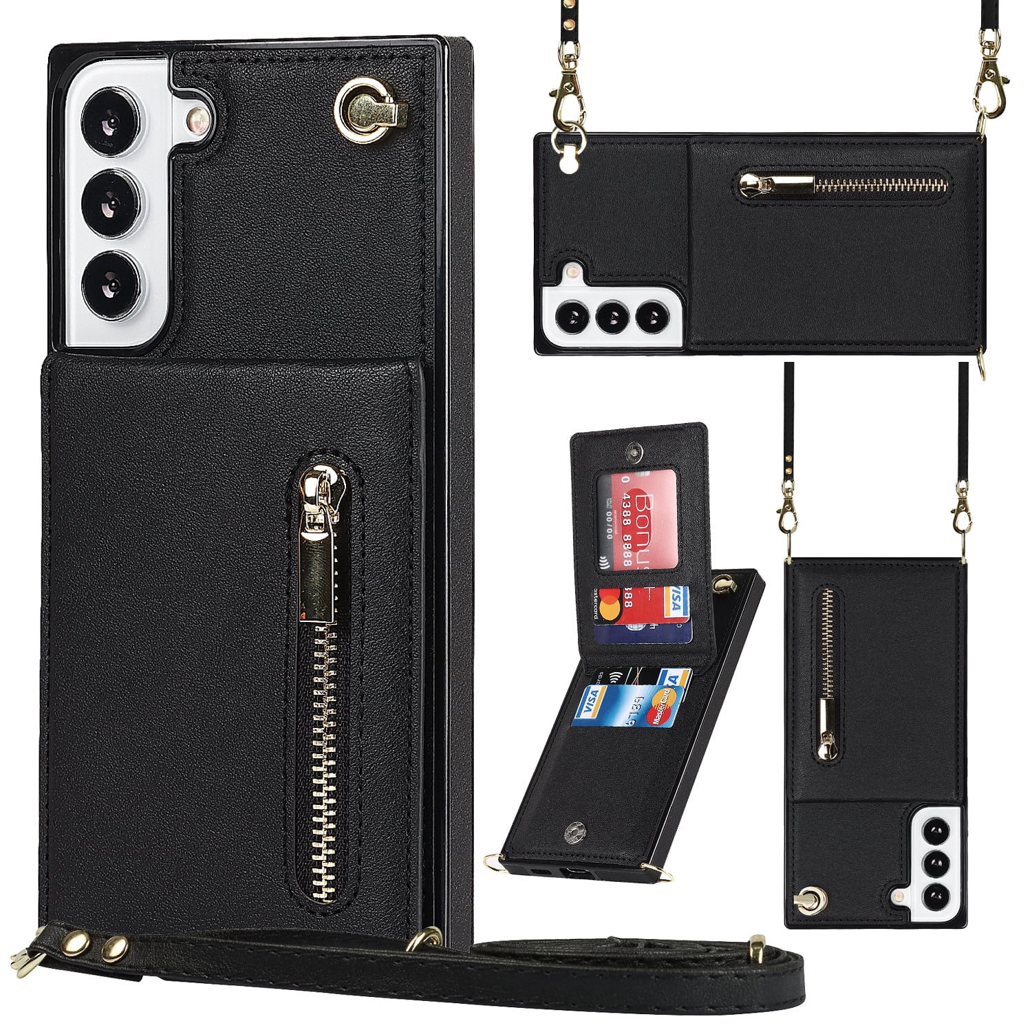Dteck Flip Leather Wallet Case for Samsung Galaxy S24 Plus, Crossbody Wallet Case with Credit Card Holder Zipper Pocket Lanyard Shoulder Strap, Kickstand Phone Cover for Samsung S24 Plus,Black