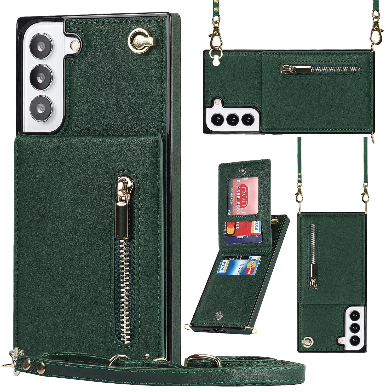 Dteck Flip Leather Wallet Case for Samsung Galaxy S24 Plus, Crossbody Wallet Case with Credit Card Holder Zipper Pocket Lanyard Shoulder Strap, Kickstand Phone Cover for Samsung S24 Plus,Green