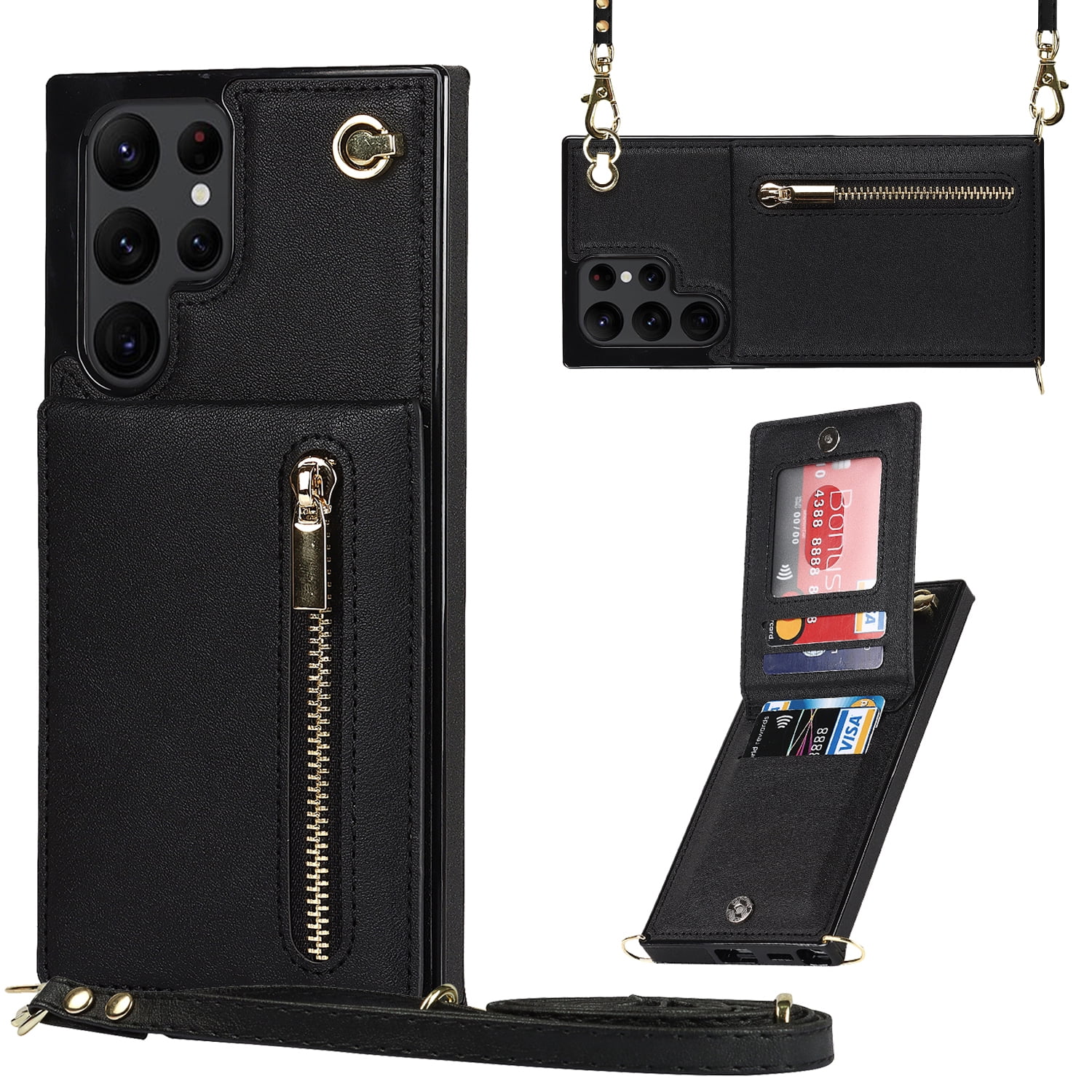 Dteck Flip Leather Wallet Case for Samsung Galaxy S24 Ultra, Crossbody Wallet Case with Credit Card Holder Zipper Pocket Lanyard Shoulder Strap, Kickstand Phone Cover for Samsung S24 Ultra,Black