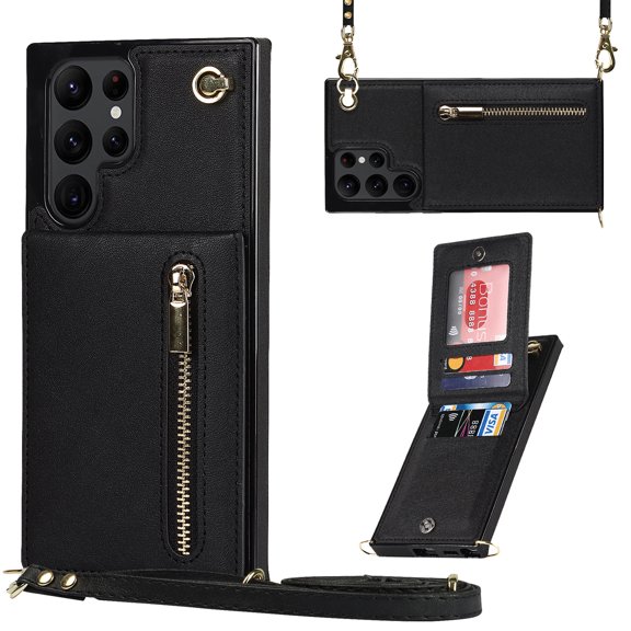 Dteck Flip Leather Wallet Case for Samsung Galaxy S24 Ultra, Crossbody Wallet Case with Credit Card Holder Zipper Pocket Lanyard Shoulder Strap, Kickstand Phone Cover for Samsung S24 Ultra,Black