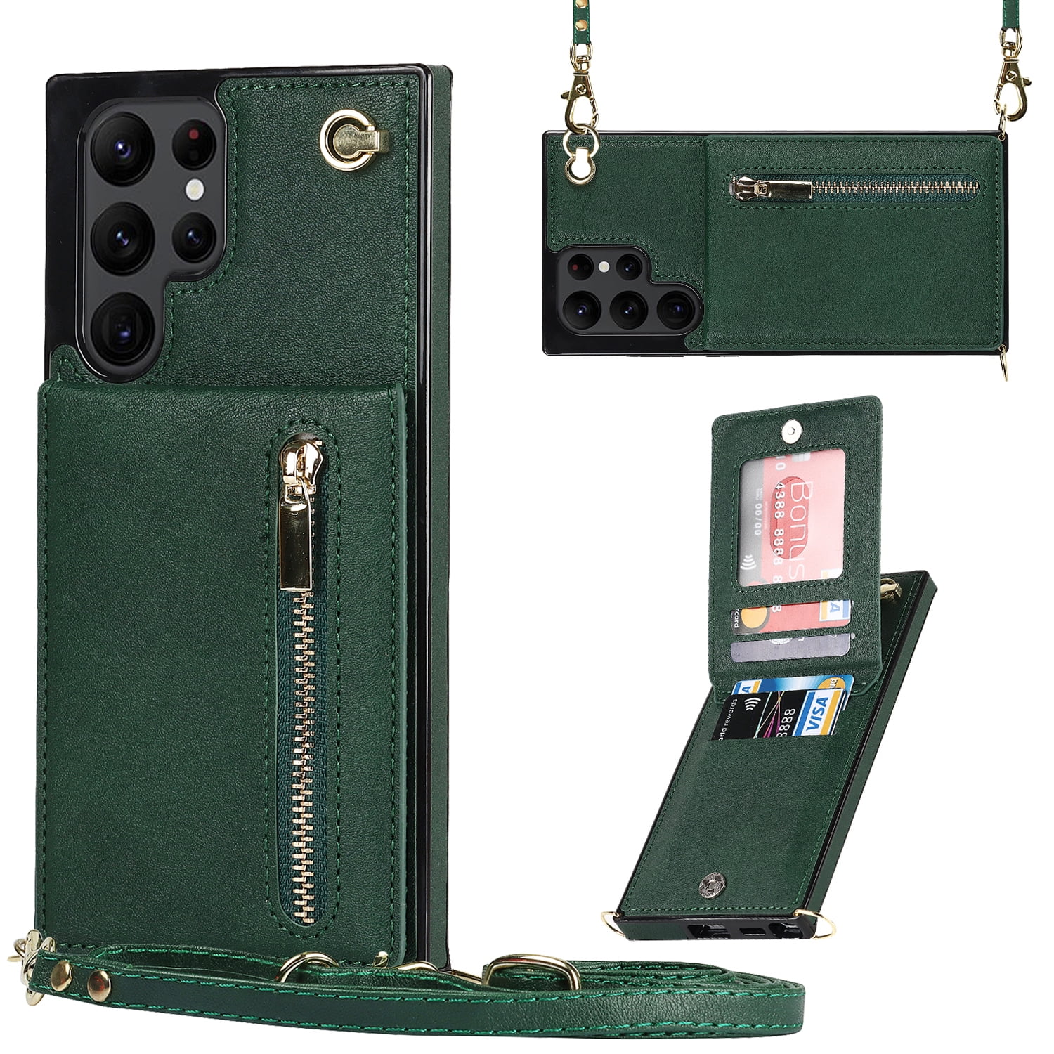 Dteck Flip Leather Wallet Case for Samsung Galaxy S24 Ultra, Crossbody Wallet Case with Credit Card Holder Zipper Pocket Lanyard Shoulder Strap, Kickstand Phone Cover for Samsung S24 Ultra,Green