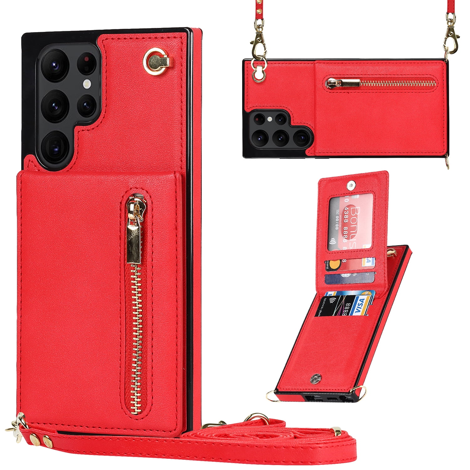 Dteck Flip Leather Wallet Case for Samsung Galaxy S24 Ultra, Crossbody Wallet Case with Credit Card Holder Zipper Pocket Lanyard Shoulder Strap, Kickstand Phone Cover for Samsung S24 Ultra,Red