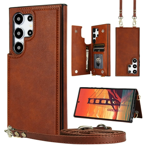 Dteck Flip Leather Wallet Case for Samsung Galaxy S24 Ultra, S24 Ultra 5G Crossbody Wallet Phone Case with Credit Card Holder Strap Lanyard, Women Girl Purse Kickstand,Brown