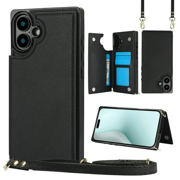 Dteck Flip Leather Wallet Case for iPhone 16 5G, Crossbody Wallet Phone Case with Credit Card Holder Strap Lanyard, Women Girl Purse Kickstand, Black