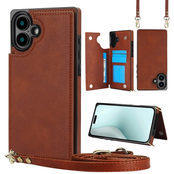 Dteck Flip Leather Wallet Case for iPhone 16 5G, Crossbody Wallet Phone Case with Credit Card Holder Strap Lanyard, Women Girl Purse Kickstand, Brown