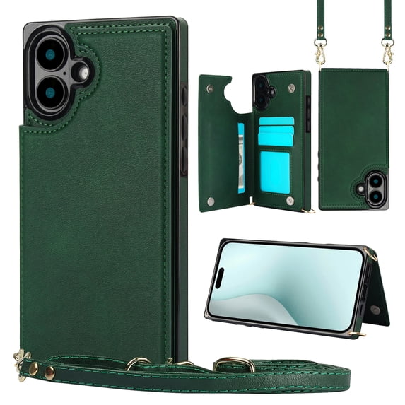 Dteck Flip Leather Wallet Case for iPhone 16 5G, Crossbody Wallet Phone Case with Credit Card Holder Strap Lanyard, Women Girl Purse Kickstand, Green