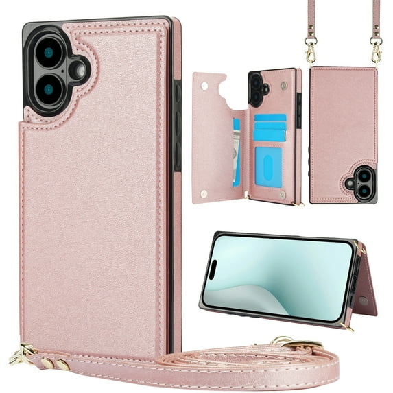 Dteck Flip Leather Wallet Case for iPhone 16 5G, Crossbody Wallet Phone Case with Credit Card Holder Strap Lanyard, Women Girl Purse Kickstand, Pink