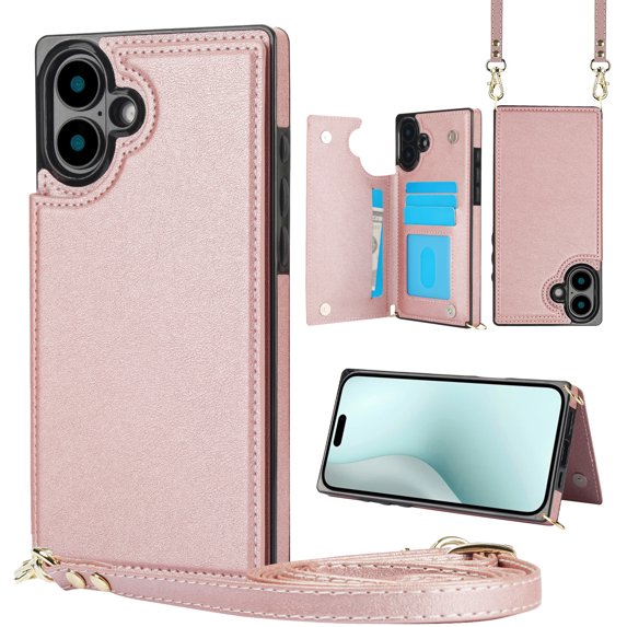 Dteck Flip Leather Wallet Case for iPhone 16 Plus 5G, Crossbody Wallet Phone Case with Credit Card Holder Strap Lanyard, Women Girl Purse Kickstand, Pink