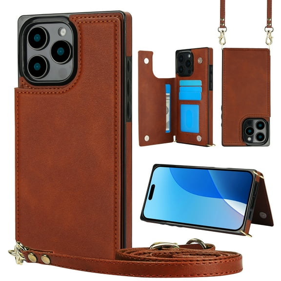 Dteck Flip Leather Wallet Case for iPhone 16 Pro 5G, Crossbody Wallet Phone Case with Credit Card Holder Strap Lanyard, Women Girl Purse Kickstand, Brown