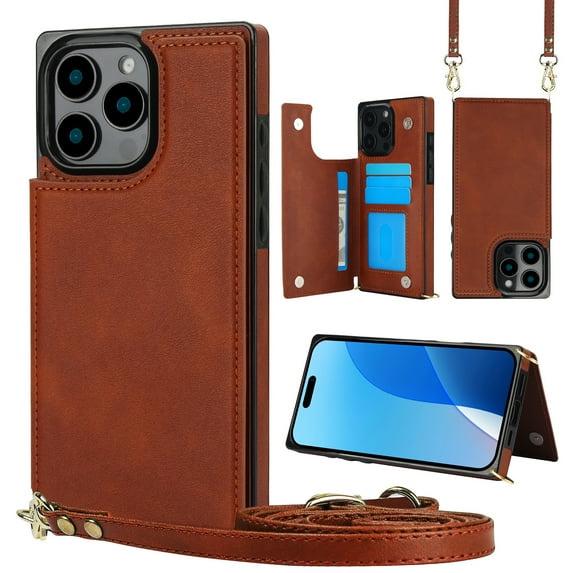 Dteck Flip Leather Wallet Case for iPhone 16 Pro 5G, Crossbody Wallet Phone Case with Credit Card Holder Strap Lanyard, Women Girl Purse Kickstand, Brown