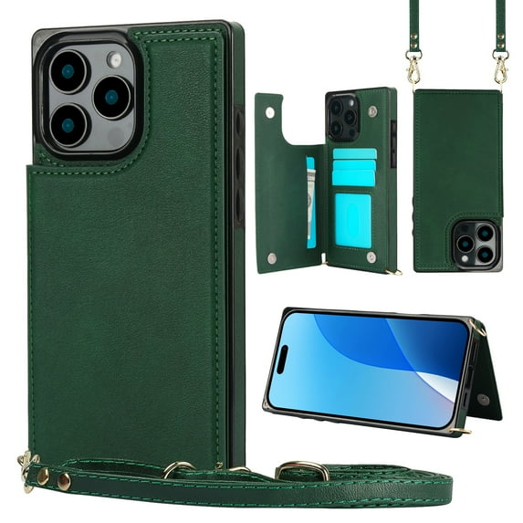 Dteck Flip Leather Wallet Case for iPhone 16 Pro 5G, Crossbody Wallet Phone Case with Credit Card Holder Strap Lanyard, Women Girl Purse Kickstand, Green
