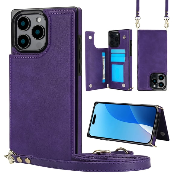 Dteck Flip Leather Wallet Case for iPhone 16 Pro Max 5G, Crossbody Wallet Phone Case with Credit Card Holder Strap Lanyard, Women Girl Purse Kickstand, Purple